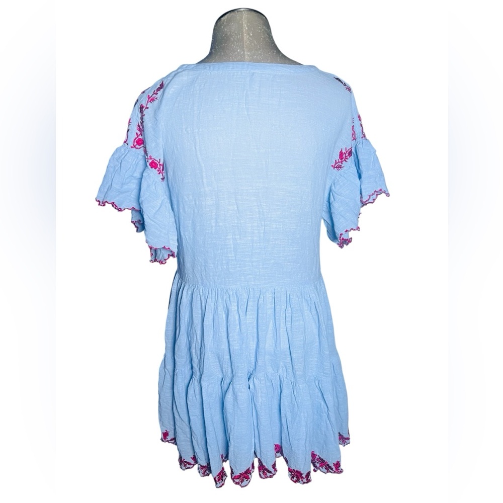 Free People Santiago Light Blue gauzy Dress with red Floral Embroidery S - Picture 2 of 8